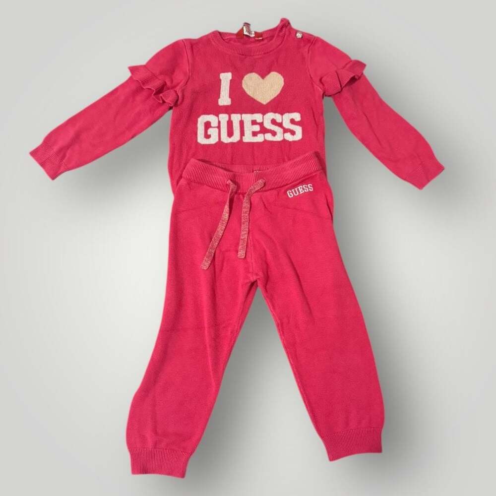 Guess Baby Girl's "I Heart Guess" Pink Knit Sweater & Joggers Set: Size 24M